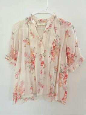THE GREAT. Floral Pintucked Cotton Button-Front Blouse Size 0 (XS/S)